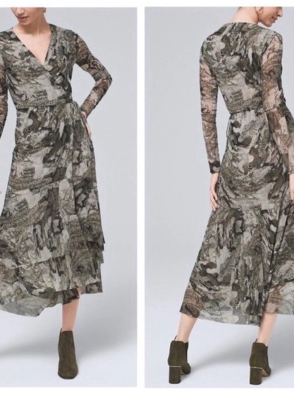 White House Black Market Size 12P Olive  Long Sleeve Tiered Midi Mesh Wrap Dress - Picture 2 of 9